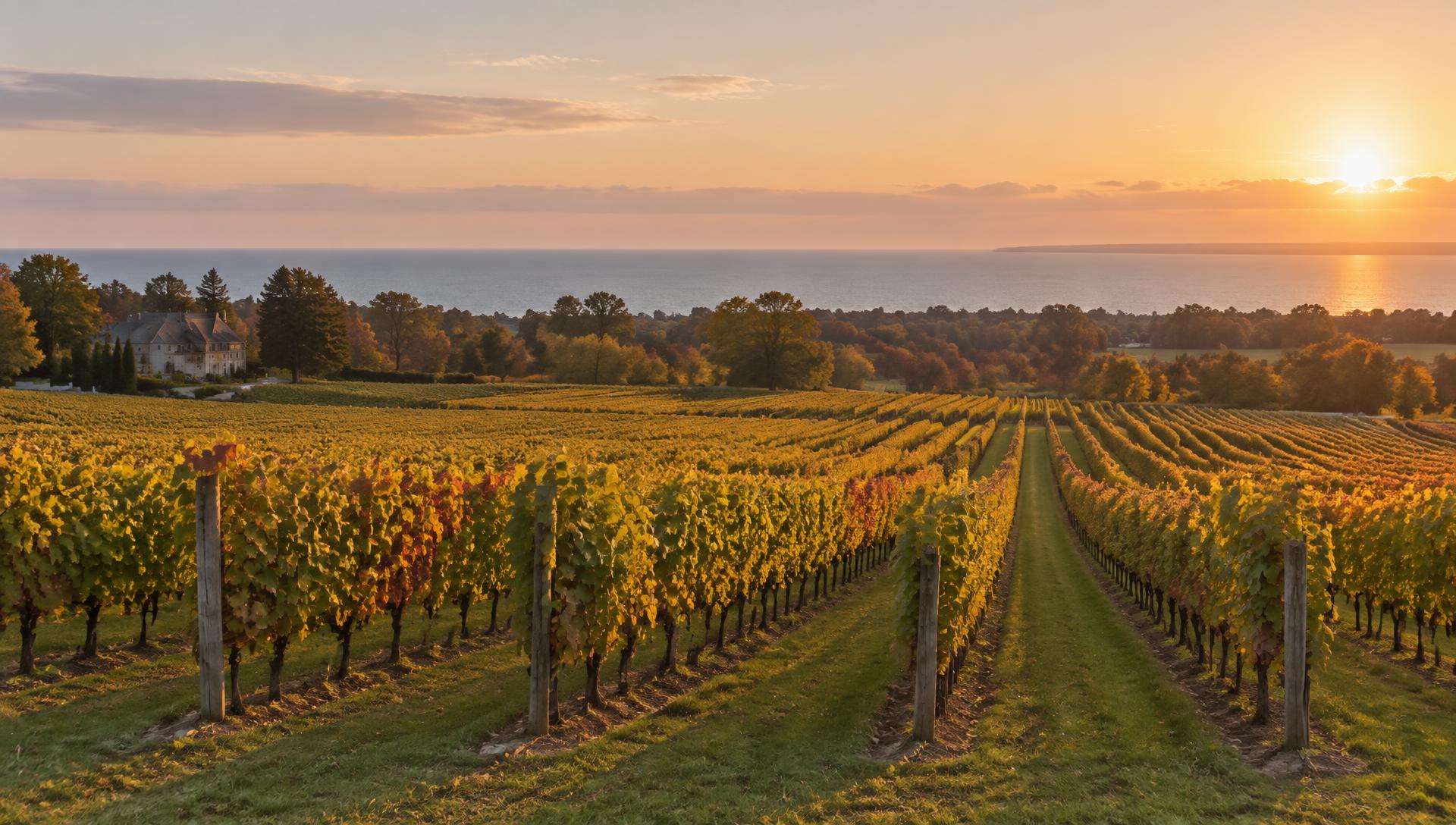 Vineyards in Niagara-on-the-Lake at sunset, Lake Ontario on the horizon