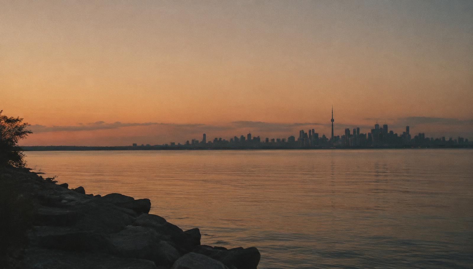 Toronto skyline seen across Lake Ontario from the Niagara shore