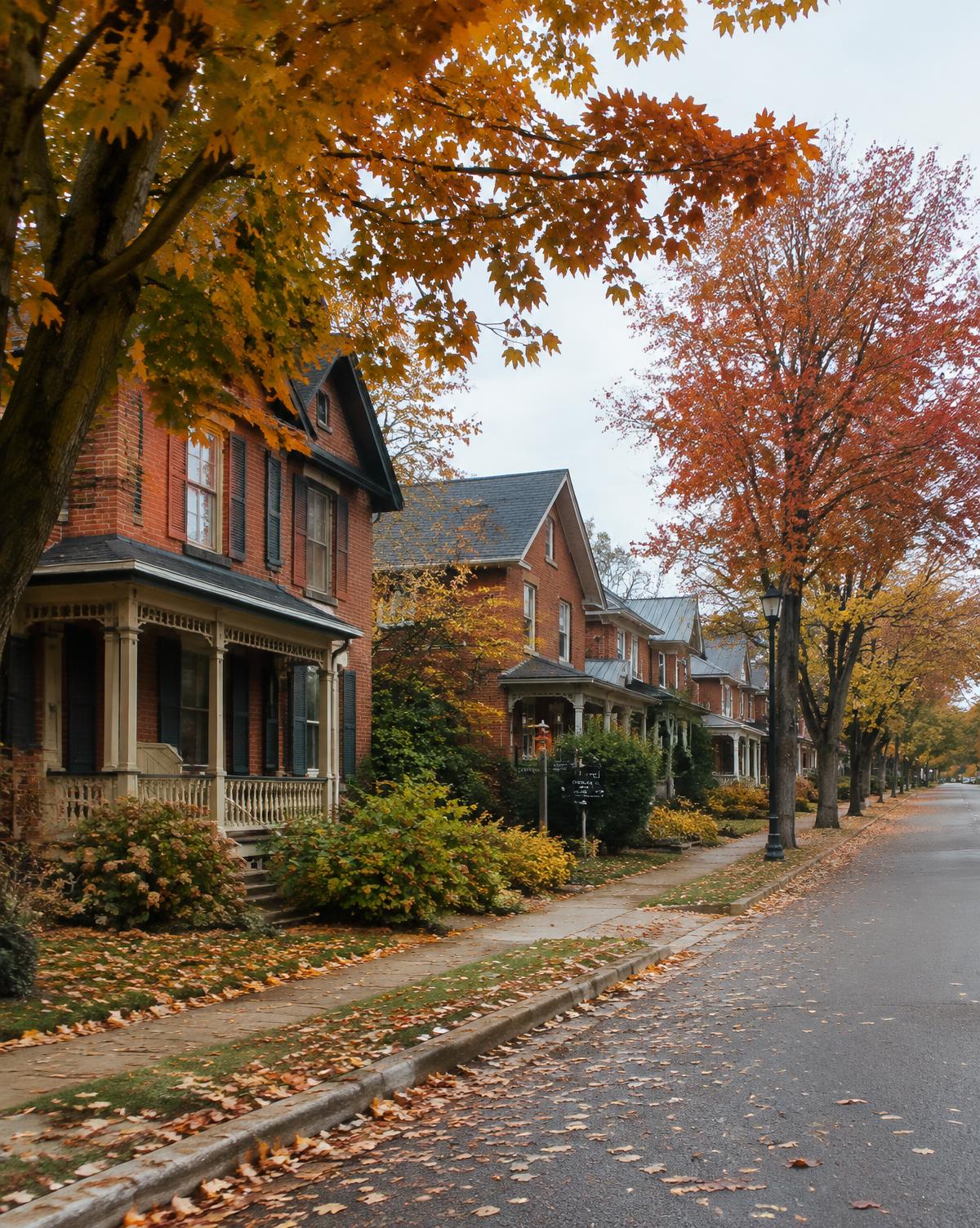 A tree-lined street of brick homes in Virgil, Niagara, in autumn
